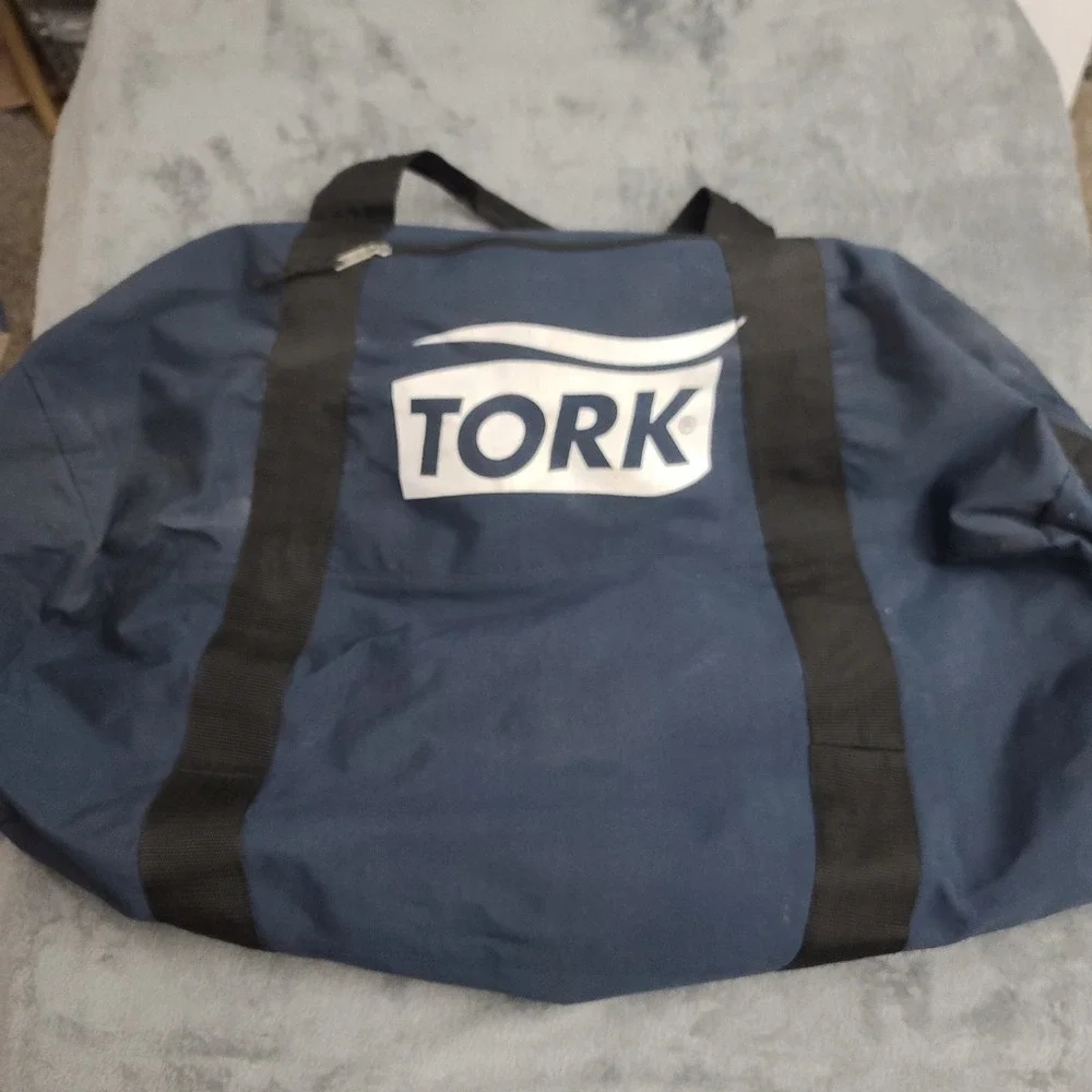 Vintage Tork Duffle Bag Large Blue Automotive Man Cave Race Car Missing Shoulder